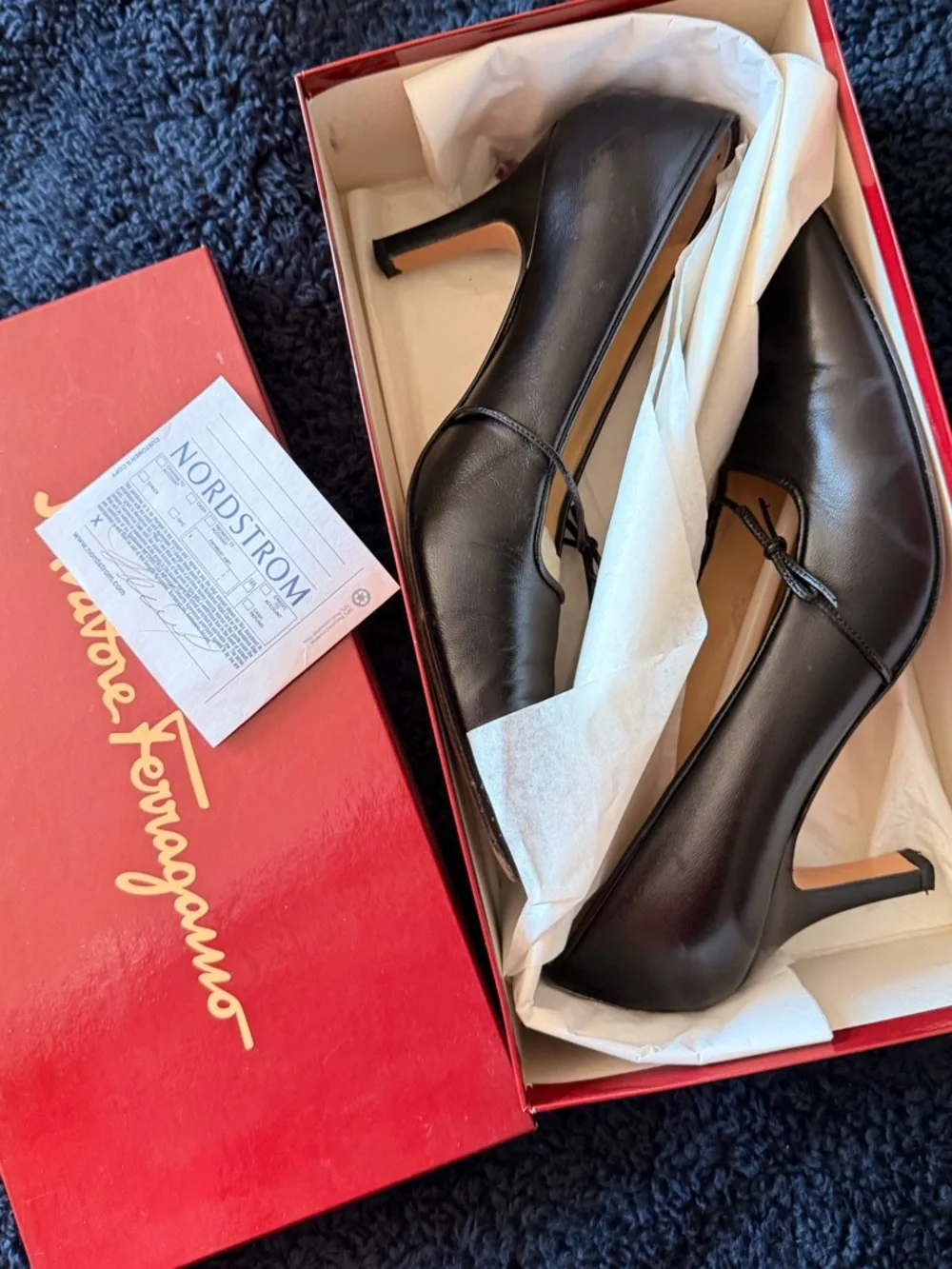 Salvatore Ferragamo Black Leather Pointed Pumps with Bow